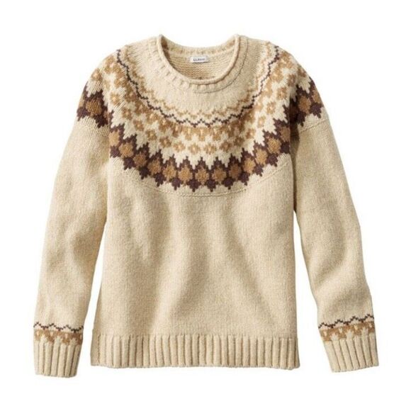 L.L. Bean Sweaters - LL Bean Fair Isle Crew Neck Sweater‎ Women’s Size Small cream brown 100% wool